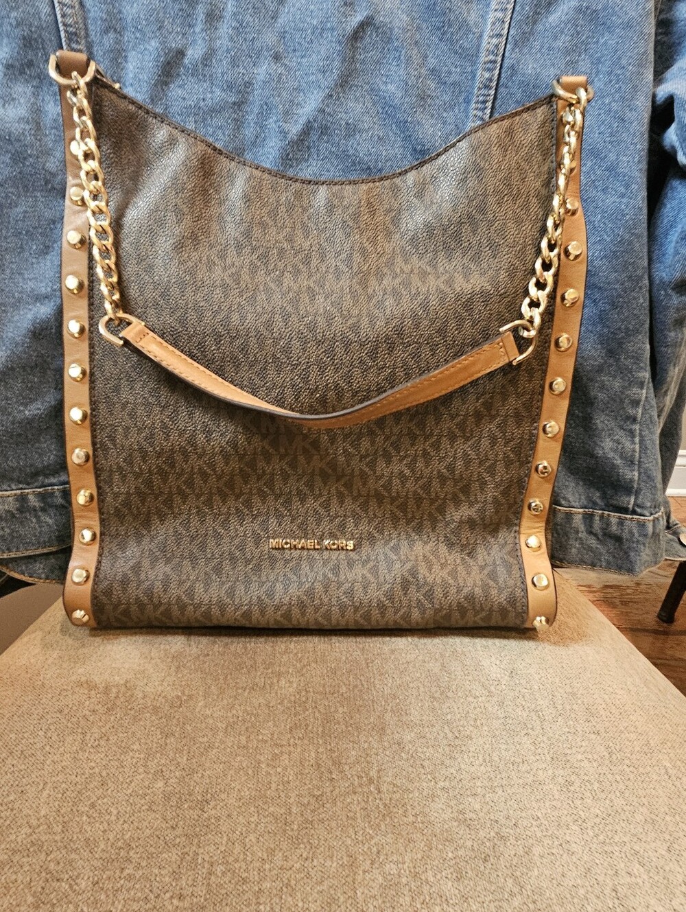 Michael Kors Brown Logo Shoulder Bag with Tan Trim and Gold Studs